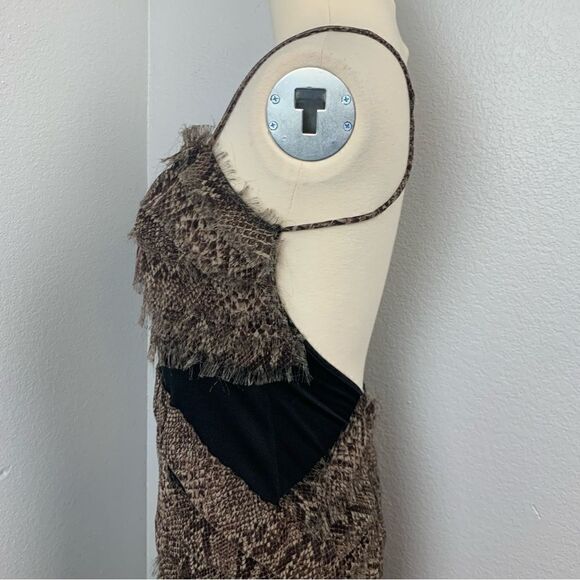 Celo Brown Flowy Raw Edge Snakeskin Print Ribbon Strip Dress M - Picture 10 of 14